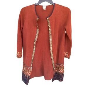 CHICOS open front mahogany beaded velvet trim cardigan substantial artsy sz 1 L